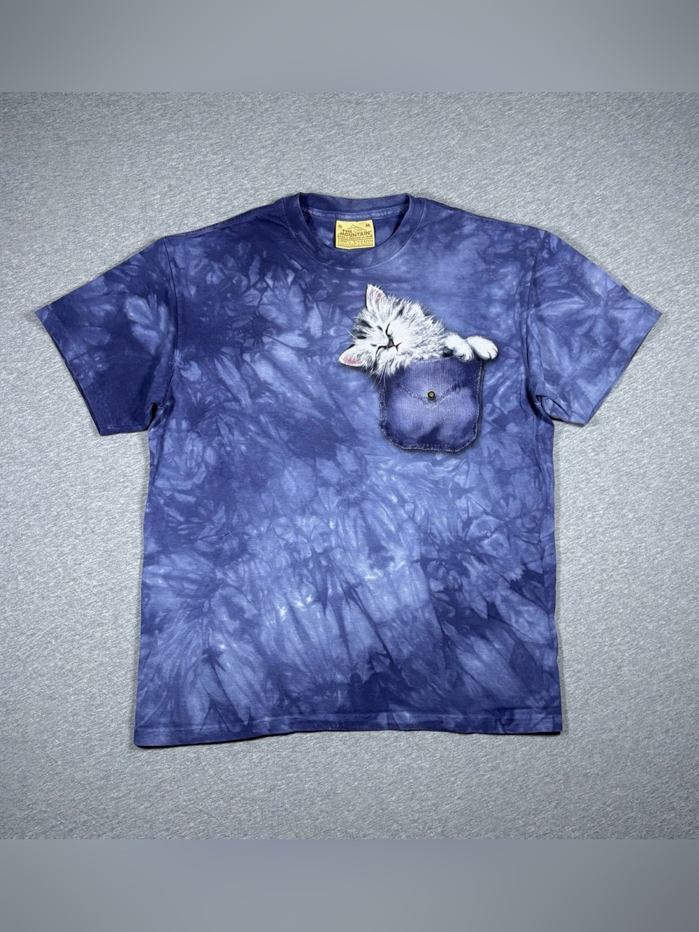 Vintage The Mountain Kitten T-Shirt Tie Dye Size Medium Blue Pocket Cotton USA